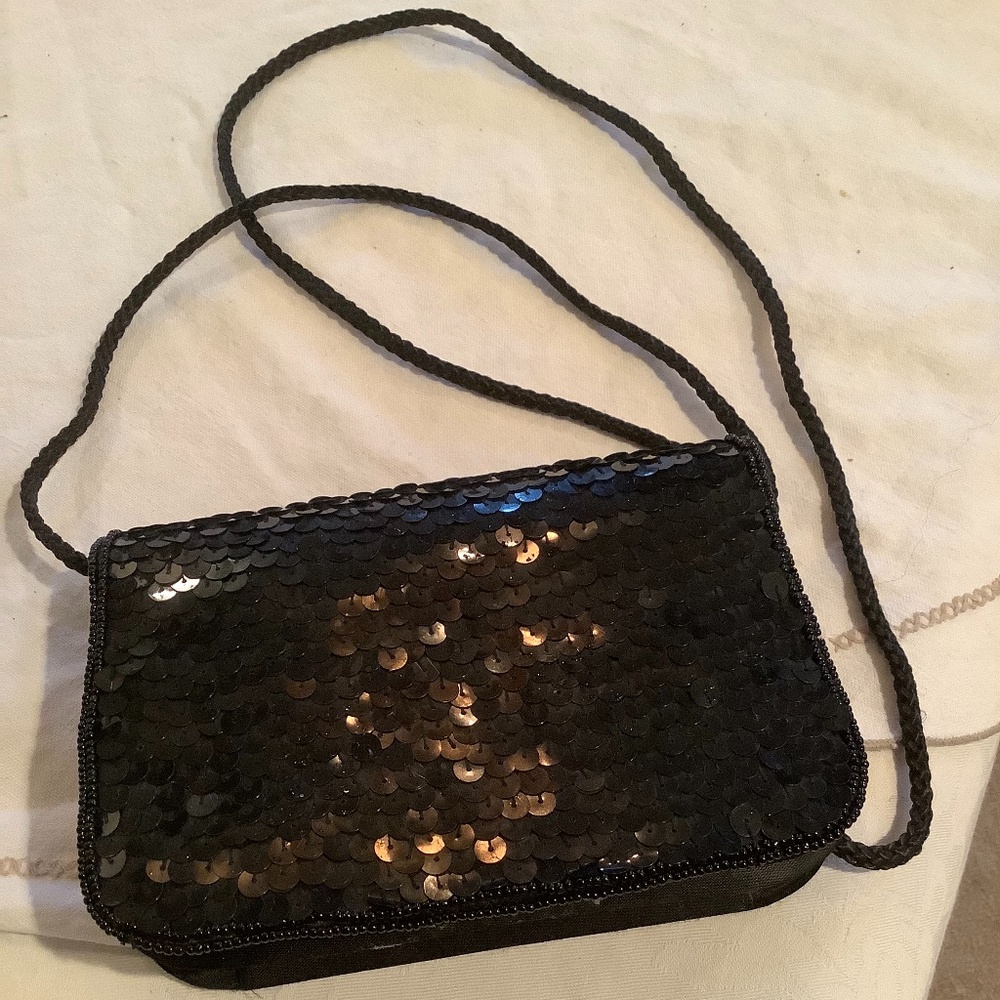 Black sequin and satin evening bag